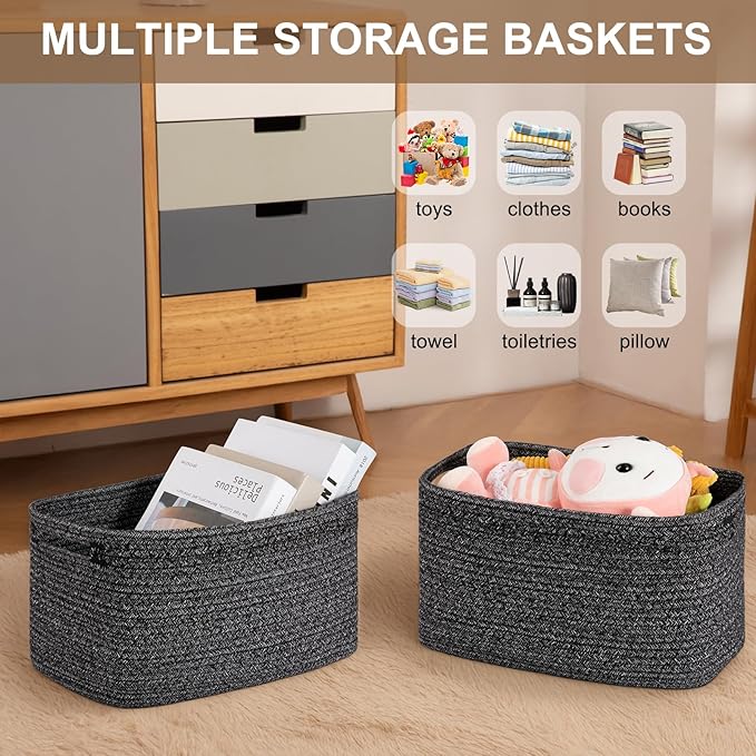 OIASKET Storage Baskets for Organizing, Woven Decorative Baskets for Shelves - Books, Towels, and Clothes, Cotton Rope Toy Storage Bins, 12.7''Lx9''Wx7.8''H, Pack of 4, Black and White