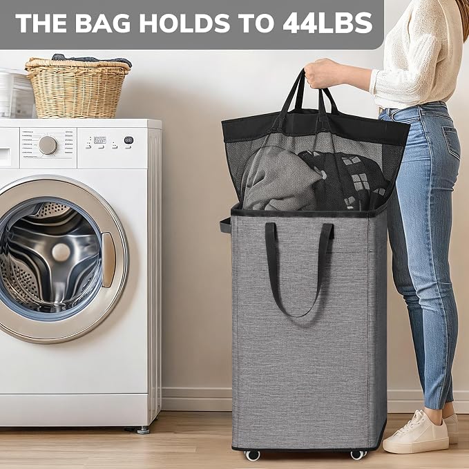 Goodpick 75L Collapsible Laundry Baskets with Removable Wash Bag and Wheels | Laundry Basket with Wheels, Rolling Laundry Hamper with Handle for College Dorm, Laundry Hamper on Wheels, Light Grey