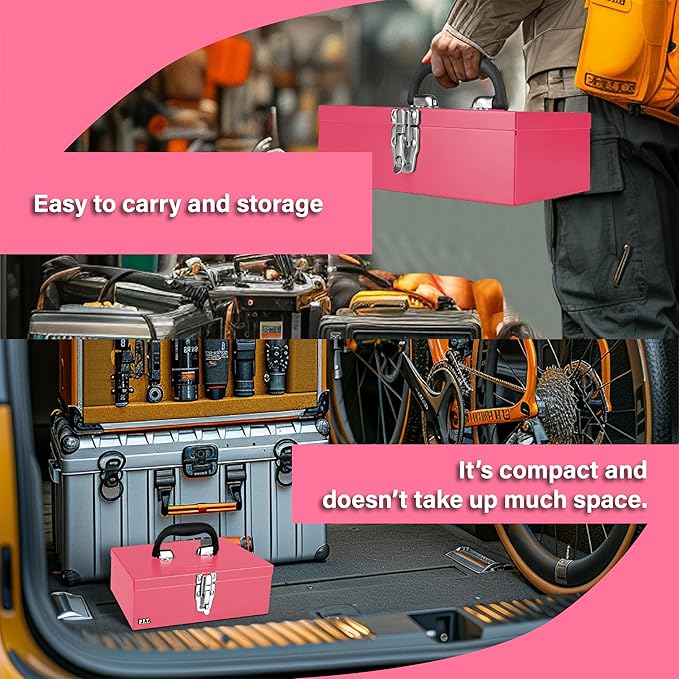 P.I.T. 11'' Small Tool Box, Portable Metal Tool Box,Pink Mini Tool Chest, Portable Steel Tool Case with Metal Latch Closure for Basic Tool Kits or Craft Storage
