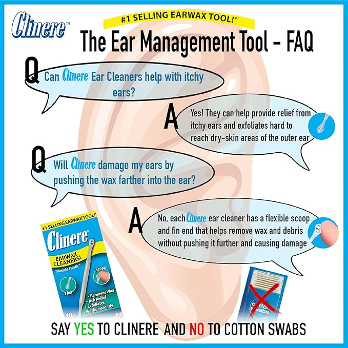 Clinere® Ear Cleaners, Gentle Ear Cleaning and Ear Wax Removal Tool, Itch Relief, Exfoliates, 10 Count
