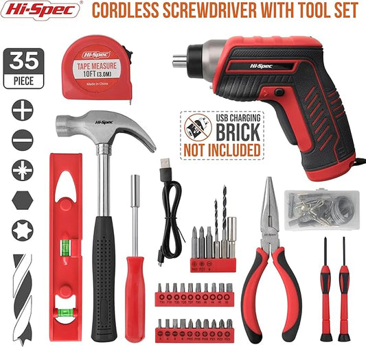Hi-Spec 35pc Red Tool Kit with 3.6V USB Electric Screwdriver and Drill Set. Complete Basic Tool Set