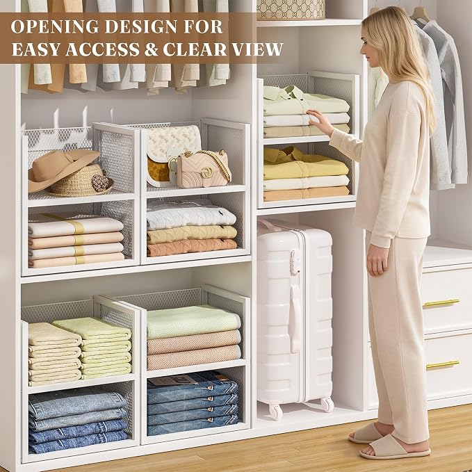 DAOUTIME 6-Tier Stackable Closet Organizers and Storage Basket, Wire Closet Shelf Organizer, Sweater Storage Oragnizer Bins, Multifunctional Clothes Storage Drawer Organizer for Wardrobe, White