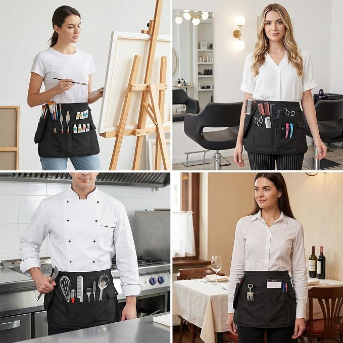 Molaxhome Waist Tool Apron with Multi-Pocket Adjustable Belt for Gardening | Adjustable Long Belt,Waitress Server Aprons,Tool Belt,Hairdressers,Work Apron