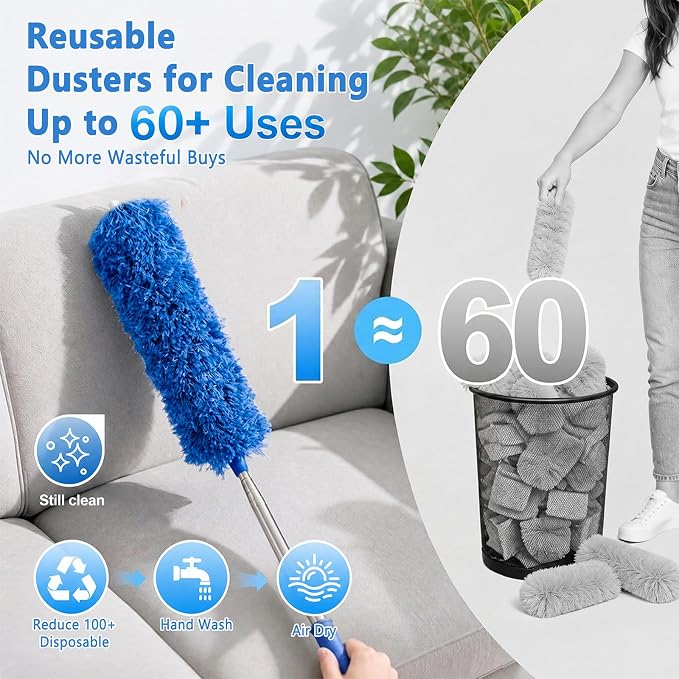 Duster with Extension Pole 30-100 Inches, Bendable Microfiber Cobweb, Blue, Duster for Cleaning Ceiling Fan, High Ceiling, Roof, Window & Blinds