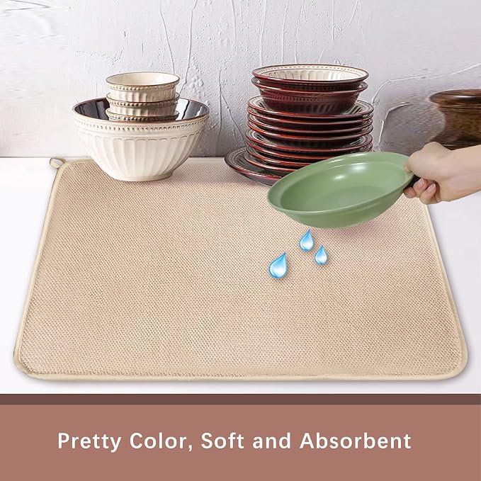 Dish Drying Mats for Kitchen Counter, 2 Pack Dish Drying Pads Dish Rack Mat Drying Pink Kitchen Mat (Beige-2)