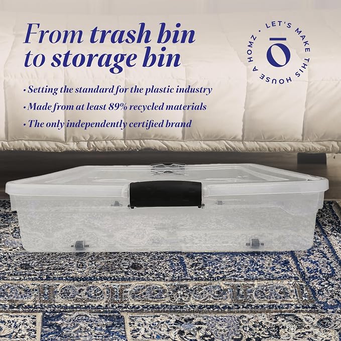 HOMZ 56 Quart Clear Latching Underbed Plastic Storage with Wheels, 2-Pack, Multipurpose for Clothes, Shoes, and Bedding