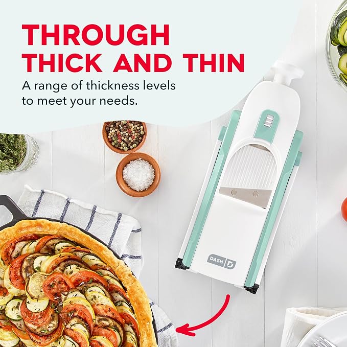 Dash Safe Slice® Mandoline - Compact, Foldable Food Slicer - Slice, Dice, Julienne & More - Perfect for Quick Food Prep - Recipe Guide Included - Aqua