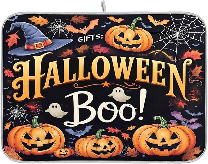 Halloween Ghosts Boo Dish Drying Mat for Kitchen Countertop 18x24 Witch Pumpkin Lantern Bat Large Drying Mat Reusable Quick Dry Dish Sink Mats Easy Clean Decorative Essentials