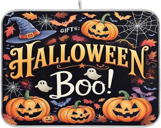 Halloween Ghosts Boo Dish Drying Mat for Kitchen Countertop 18x24 Witch Pumpkin Lantern Bat Large Drying Mat Reusable Quick Dry Dish Sink Mats Easy Clean Decorative Essentials