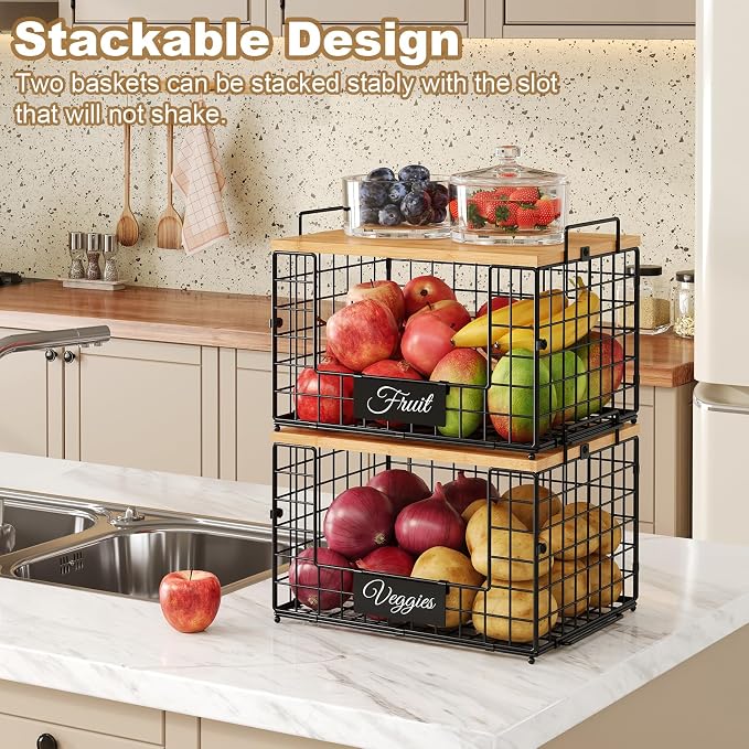 2 PACK XXL Potato and Onion Storage Bins, Pantry Organizers and Storage | Stackable Wire Baskets with Wooden Tops & Tags, Kitchen Counter Organizers Bins for Potato, Onion, Fruit, Vegetable, Garlic
