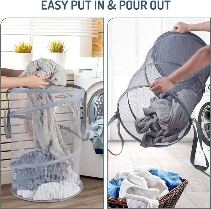 Seiritex Mesh Popup Laundry Hamper 115L Collapsible Laundry Basket Extra Large Capacity Foldable Clothing Storage Basket with Handles 26 H x 18 W x 18 L (Gray)