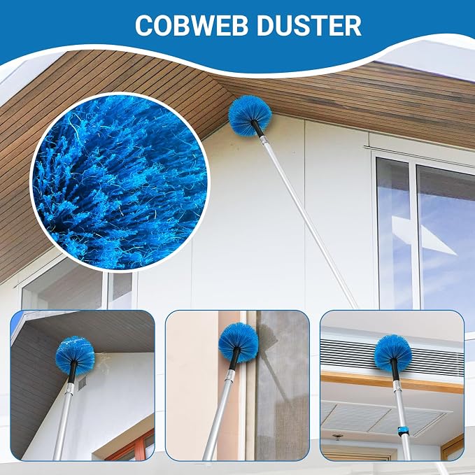 20FT High Ceiling Fan Duster with 5-12FT Extension Pole, Extendable Reusable Cobweb and Bendable Feather Duster Kit for Cleaning Spiderweb and Dust