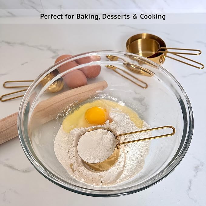 Gold Measuring Cups and Spoons Set, Stainless Steel Measuring Cups, 8 Piece Gold Kitchen Measuring Set, Engraved Measurements, Durable Nesting Design