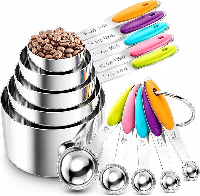 Measuring Cups and Spoons Set of 10 Piece, Stainless Steel Nesting Measuring Cups Set with Silicone Handles, Kitchen Utensils for Cooking and Baking