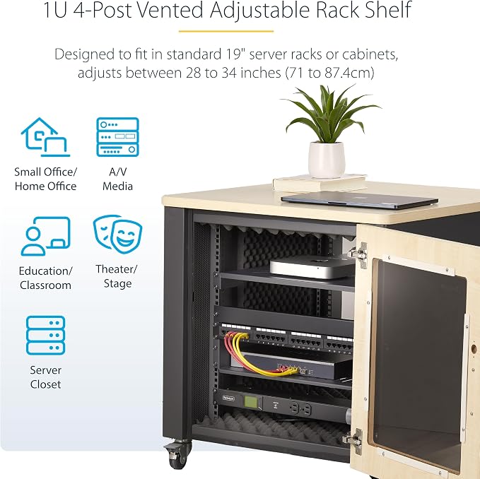 StarTech 1U 4-Post Vented Rack Shelf, 28-34.4in, 150lb (ADJSHELFV-Rack) | Adjustable depth 71.1-87.3cm, 150lb/68kg capacity, Cold-rolled steel, M5 hardware