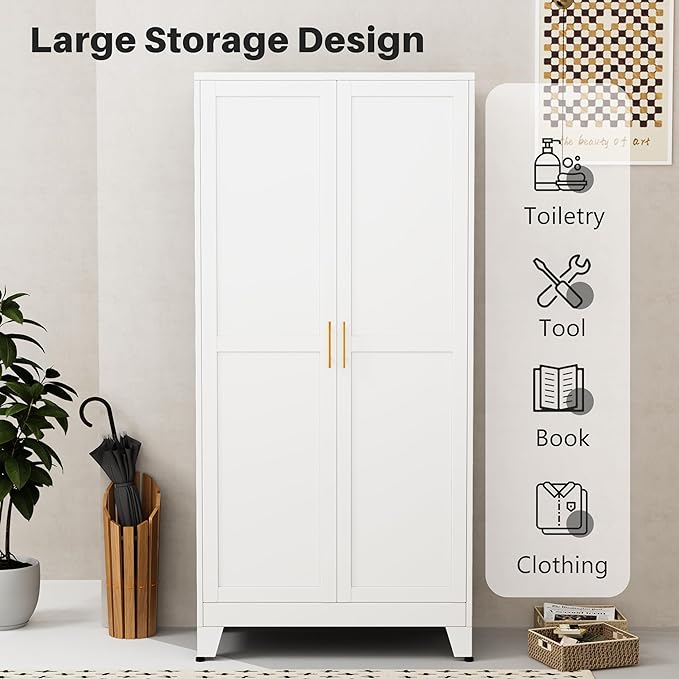winiowa Metal Armoire Wardrobe Closet with 2 Doors, 71"' Wardrobe Cabinet with Adjustable Shelves and Hanging Rod, Clothing Storage Cabinet Closet for Bedroom-White