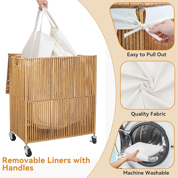WOWLIVE Rolling Laundry Basket Wheels, Handwoven Laundry Hamper with Lid | Double Clothes Hamper with Divided Removable Bag, 115L Large Laundry Sorter 2 Section, Laundry Room Organization, Natural