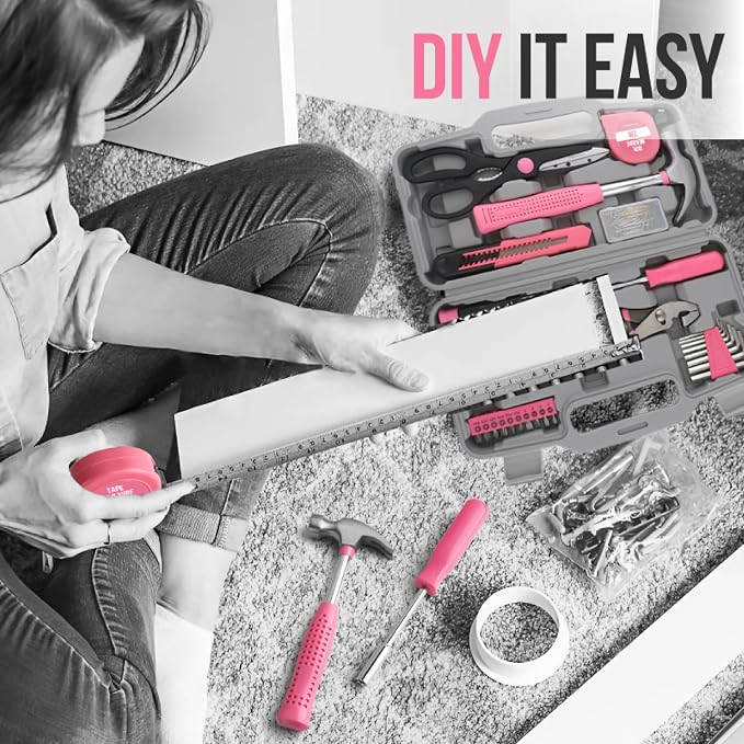 20 Pcs Home Tool Set, Basics Household Tool Kit with Small Mini Carrying Box for Men and Women DIY (Pink)