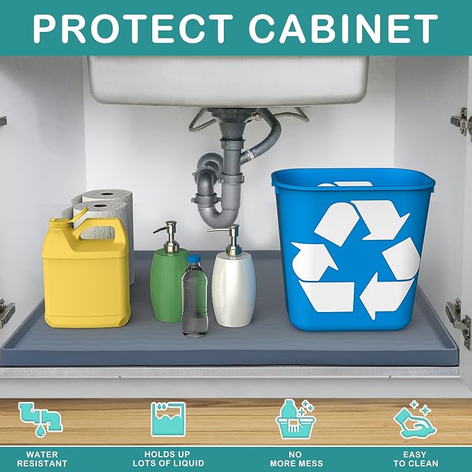 URMONA Waterproof Silicone Under Sink Mat 31'' x 19'' Shelf Liner for Kitchen and Bathroom, Cabinet and Counter Protector, Storage and Organizers, Litter Mat, Pet Cat Puppy Essentials(Cream)