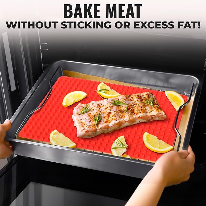 16x11.42" Non-Slip Red Pyramid Baking Mat - Easy to Clean Pyramid Pan Silicone Baking Mat with Air Circulation System - Tear- and Heat-Resistant and Flexible Oven Mats for Cooking, Roasting & BBQ