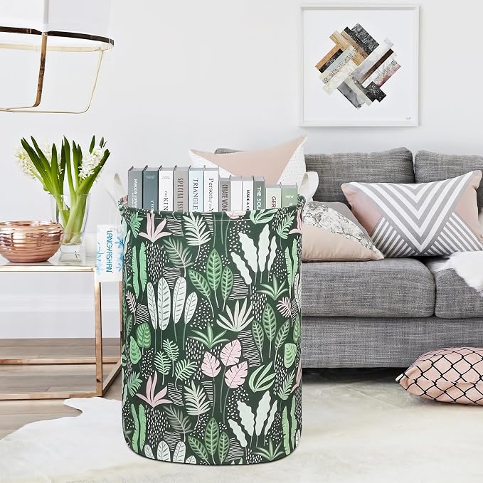 Round Laundry Basket Collapsible Storage Hamper Organizer Full Leaf | Waterproof Canvas Foldable Baskets with sturdy Handles Multi-scene Organizer for Home Play Bedroom Gift Bin