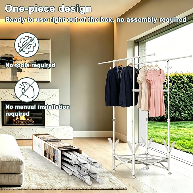 Portable Foldable Clothes Drying Rack - Adjustable Double Extendable Rods (33.1” to 56.7”) -Portable Coat Rack for Travel, Camping, Drying, RV, Indoor, Outdoor, Easy Assemble（White