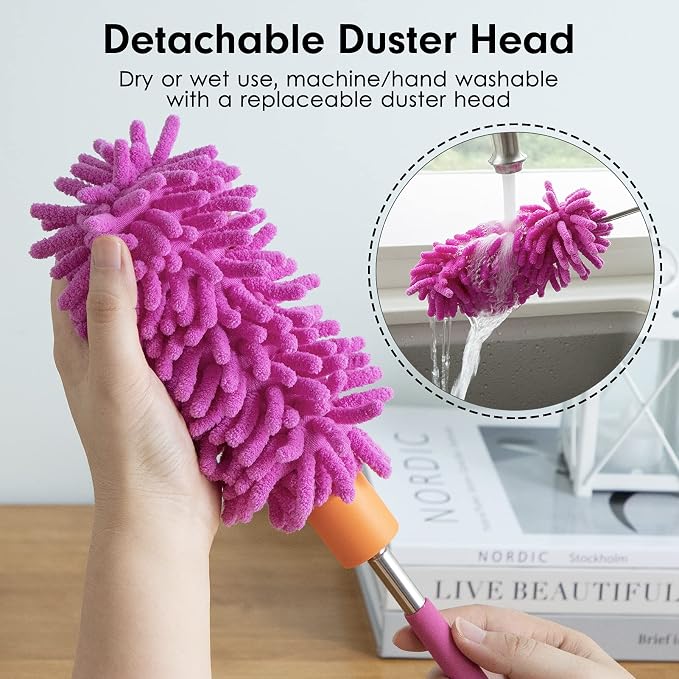 Duster for Cleaning, 10-29" Extension Pole, 2 Washable Heads, Purple | Microfiber Heads, Wet Or Dry, Detachable, Hand Washable, Easy Storage, For Cars, Offices, Windows, Furniture And Ceiling Fans