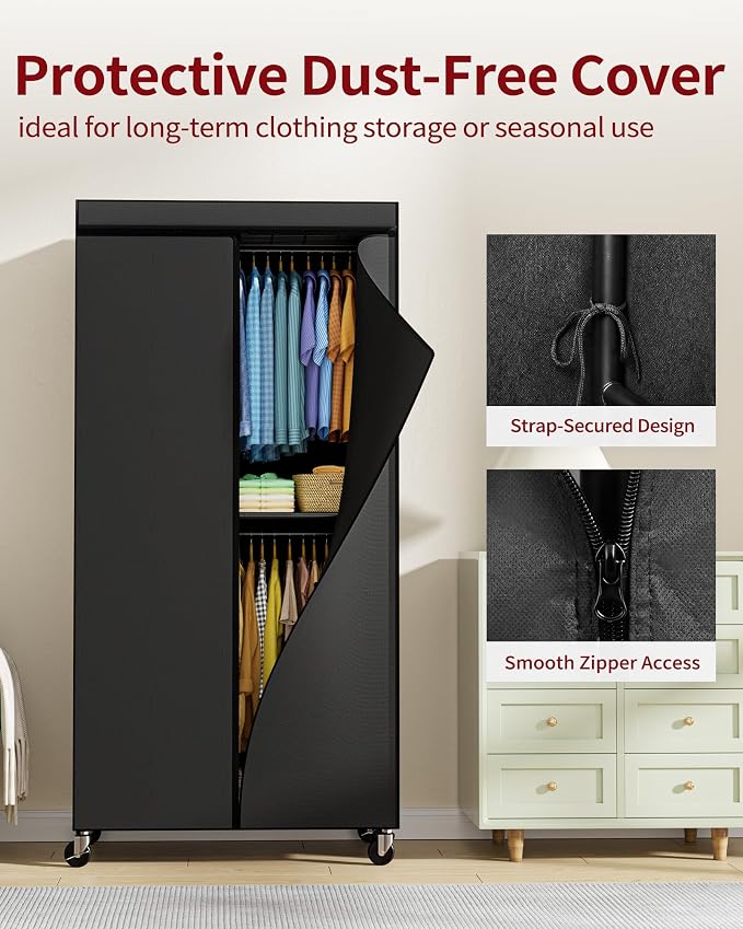 Sakugi Clothes Rack with Cover, Wardrobe Closet with Lockable Wheels, 35.4" x 17.7" x 79.7", Rust-Resistant, Black