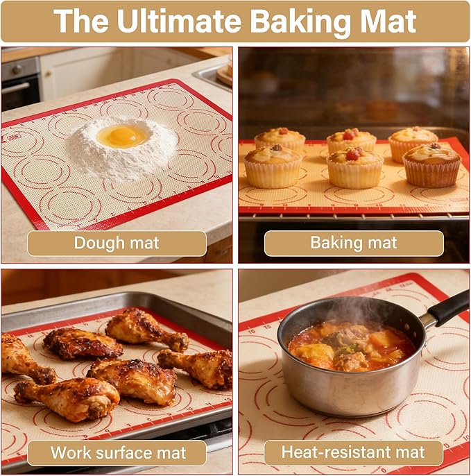 GUANCI 2 Pack Silicone Baking Mats, 11.6" x 16.5" Each, 0.7mm Thick, Food Grade Non-Stick Reusable Baking Mats & Baking Sheet Liners for Cookies, Macarons, Bread, Pizza & Pastry