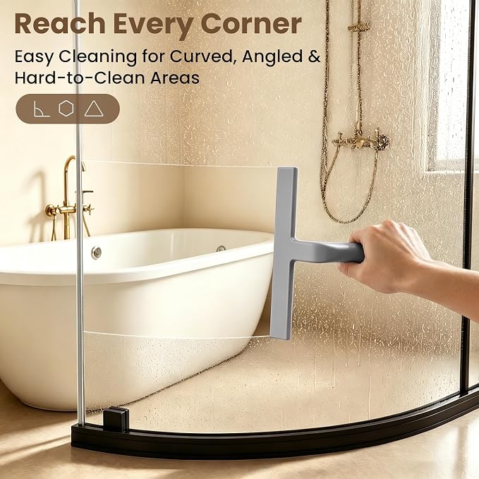 Shower Squeegee for Glass Doors - 10 Inch Bathroom Squeegee with Ergonomic Round Grip, Built-in Hook, Streak-Free No-Squeak Silicone Blade for Shower Glass, Tile Walls, Mirrors & Windows, Grey
