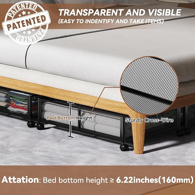 PHINOX Under Bed Storage with Wheels & Handle,Sturdy Metal,2 Pack,Black | Tool-free assembly, glide smoothly, easy reach, foldable, maxmazie low-profile beds, dorm, keep seasonal clothes, shoes fresh