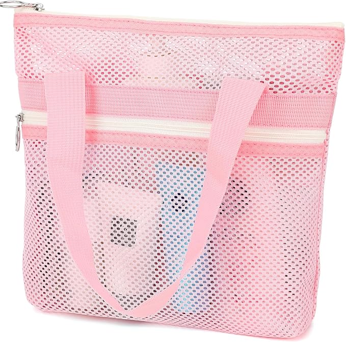 GYEUKHAM Portable Mesh Shower Caddy with 2 Zipper Pockets & Dual Handles, Quick-Drying Hanging Shower Tote for College Dorm, Gym, Travel & Camping, Pink