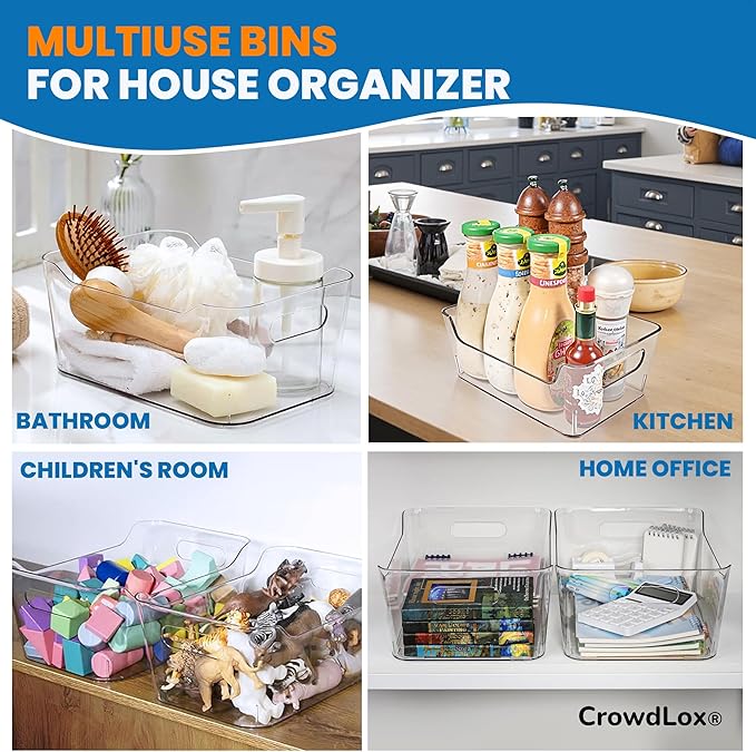 6 Pack Clear Plastic Storage Bins with Lids & Labels, Stackable Organizer Containers with Built-In Handles, BPA-Free Pantry Organization Bins for Kitchen