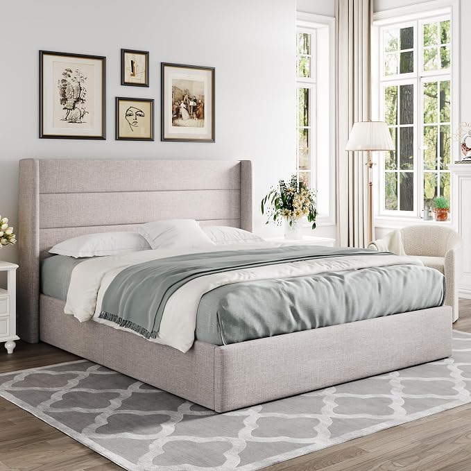Allewie Queen Size Lift Up Hydraulic Storage Bed Frame Light Beige | Modern Wingback Headboard, Hydraulic Support Storage, No Box Spring Needed