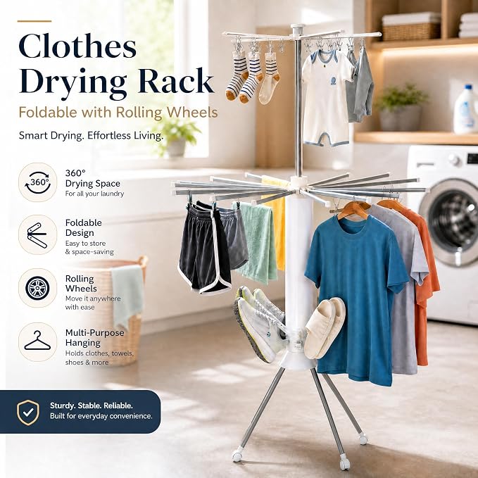 Clothes Drying Rack Foldable with Rolling Wheels, Portable Laundry Drying Rack with 16 Aluminum Arms, Stable 4-Leg Base, 360° Rotating Design for Indoor Outdoor (Single-tier without shoe rack)