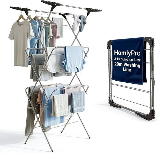 3 Tier Clothes Airer - 20m Washing Line, Foldable Laundry Rack with Heavy Duty Steel Frame, Non-Slip Feet, Corner Hanger Hooks, Space Saving Clothes Drying Rack for Indoor Outdoor Use