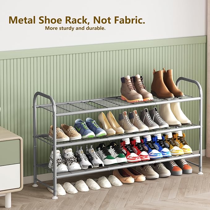 LINZINAR 3 Tier Long Shoe Rack for Closet Metal Shoe Organizer for Entryway | Spacious design stores 20+ pairs of shoes,durable metal frame,space-saving organizer for closet, hallway, and Entryway Grey