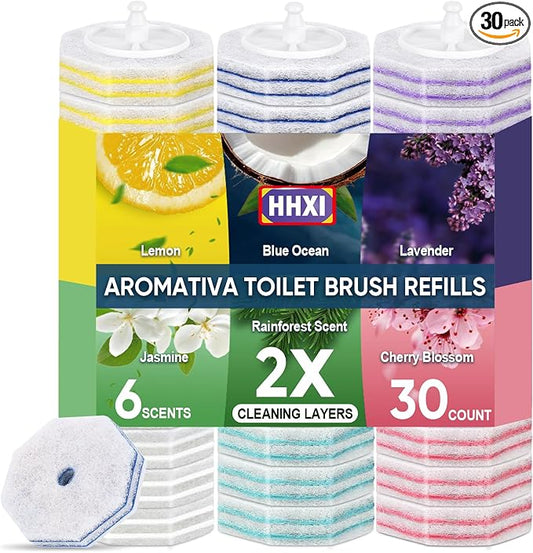 30Ct Aromative Toilet Brush Refills, Toilet Bowl Cleaner Refills, Double-Layer Cleaning Pads Added, Disposable Refill Heads for Toilet Bowl Cleaner Wands, 6 Flavors（Patented）