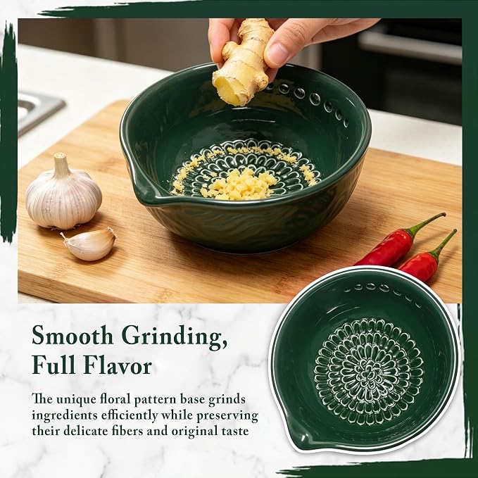 3-in-1 Ceramic Grater Bowl,Garlic Ginger Grinder with Herb Stripper | Cleaning brush included | Enhanced grinding texture | Multiple stripping holes | Dishwasher safe | Less mess food prep
