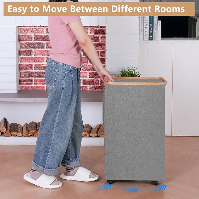 IEGrow Laundry Basket with Wheels 110L Clothes Hamper for Laundry,Beige | Laundry Hamper with Lid and Bamboo Frame, for Laundry Room, Bedroom, Dormitory Storage