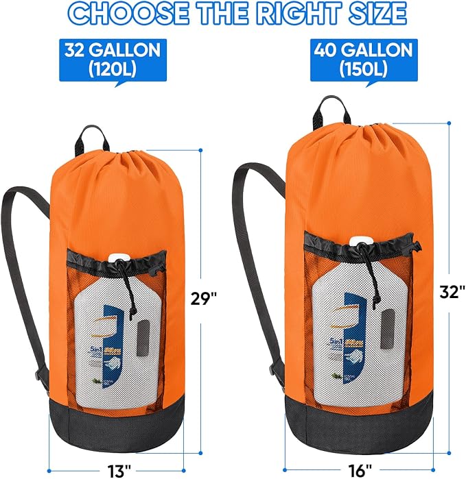 BALEINE 120L Laundry Bag Backpack, 900D Oxford Fabric Large Travel Laundry Bags with Shoulder Straps and 2 Mesh Pockets for College Dorm, Apartment, Laundromat (Orange, 120L)