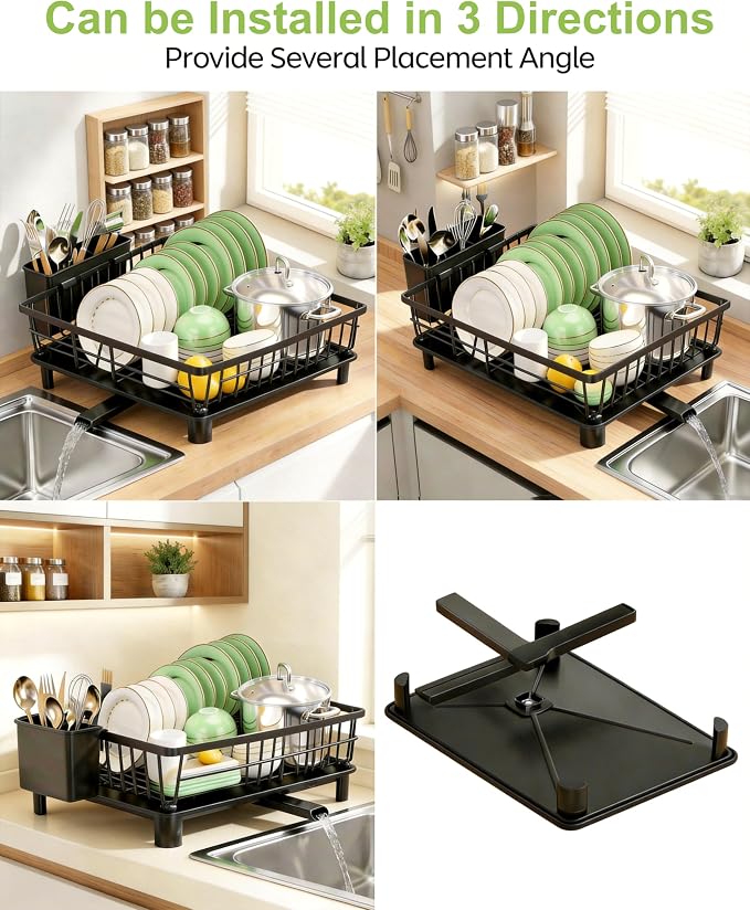 Dish Drying Rack for Kitchen Counter,Stainless Steel Drainers Rack with Detachable Cutlery Holder,Automatic Drainage System,Anti-Rust Dish Strainer Ideal for Families and Home