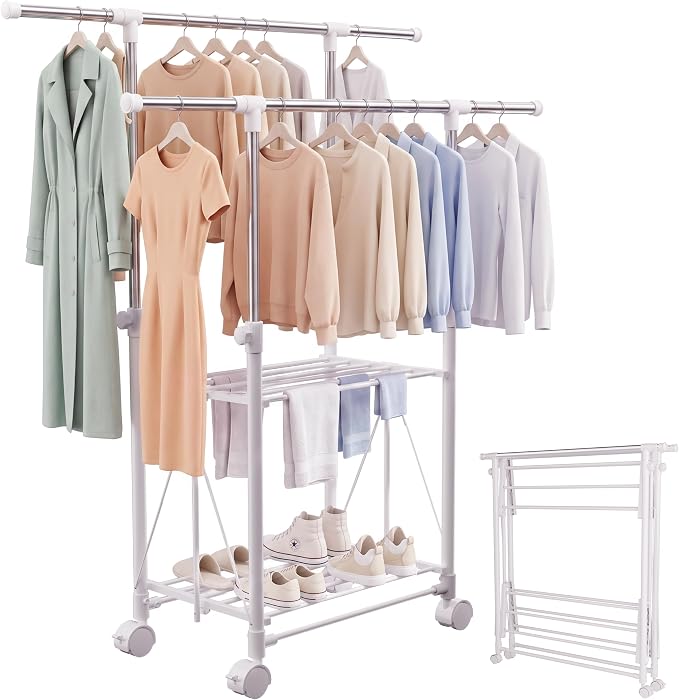Clothes Drying Rack Foldable，Height & Length Adjustable Drying Rack | Large Drying Rack with 2-Tier Long Pole，Bedding，Lothing，Space Saving Drying Rack Clothing for Apartment，Balcony, White
