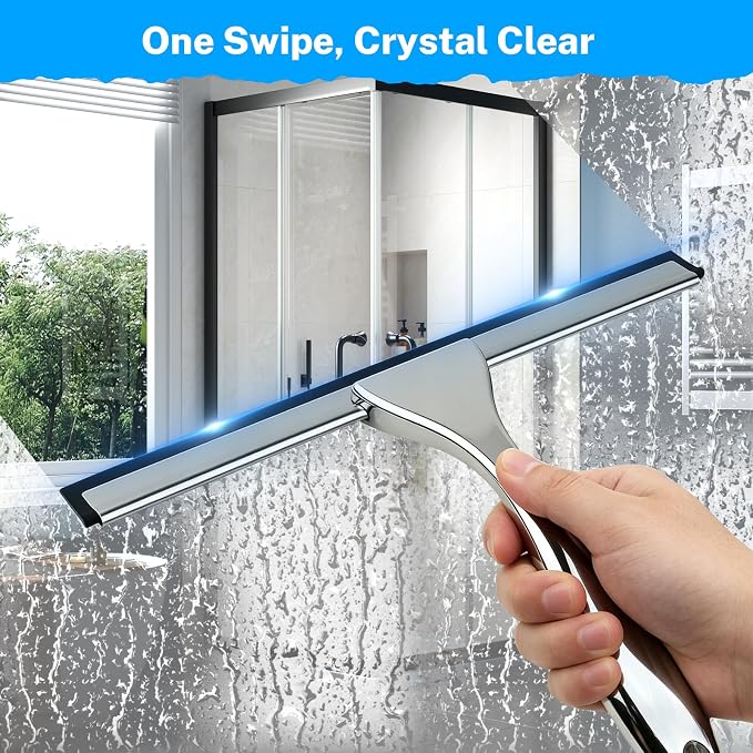 Hotel Grade Stainless Steel Squeegee 10 Inch with Adhesive Hooks - Commercial Shower Squeegee for Hotel Bathroom Glass Door Mirror Tile, Streak-Free Multi-Purpose Cleaning Tool for Hotel Use, Silver