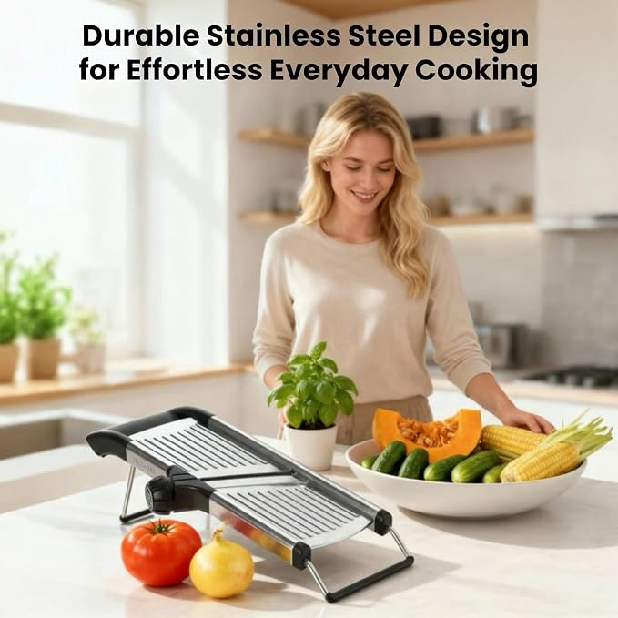 Mandoline Slicer for Kitchen, Adjustable Vegetable Slicer with Julienne Blade, Stainless Steel Food Cutter with Hand Guard for Potatoes, Cucumbers, Onions & Meal Prep