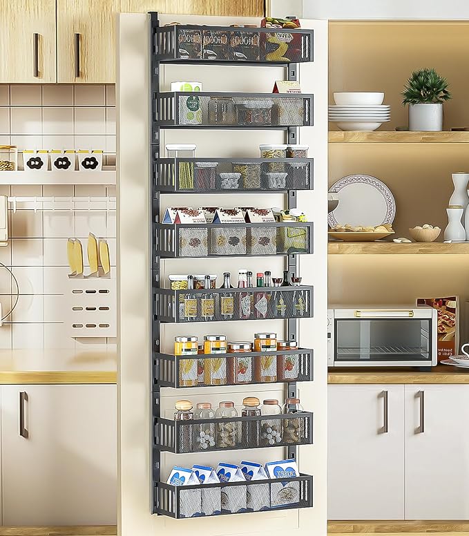 8-Tier Over The Door Pantry Organizer with Mesh Baskets, Adjustable & Stable Hanging Spice Rack for Kitchen, Bathroom, Bedroom, and Baby Essentials Storage (16" W 8-Tiers, Black)