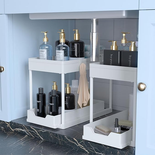 Under Sink Organizer 2 Pack,2 Tier Slide Out Storage for Kitchen Bathroom | Multi-purpose Under Cabinet Storage Rack Fit Kitchen Sink, Bathroom Vanity, Easy Assembly