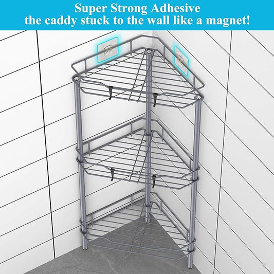 HuggieGems 3 Tier Floor Standing Corner Shower Caddy Organizer Shelf with Hooks, Bathroom Shelves Stand Rack, Dark Gray
