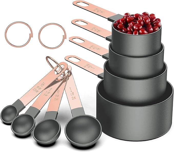 Rose Gold Stainless Steel Handle Measuring Cups and Spoons Set, 8 Piece Stackable Accurate Tablespoon for Measuring Dry and Liquid Ingredients Small Teaspoon with Plastic Head (Grey)