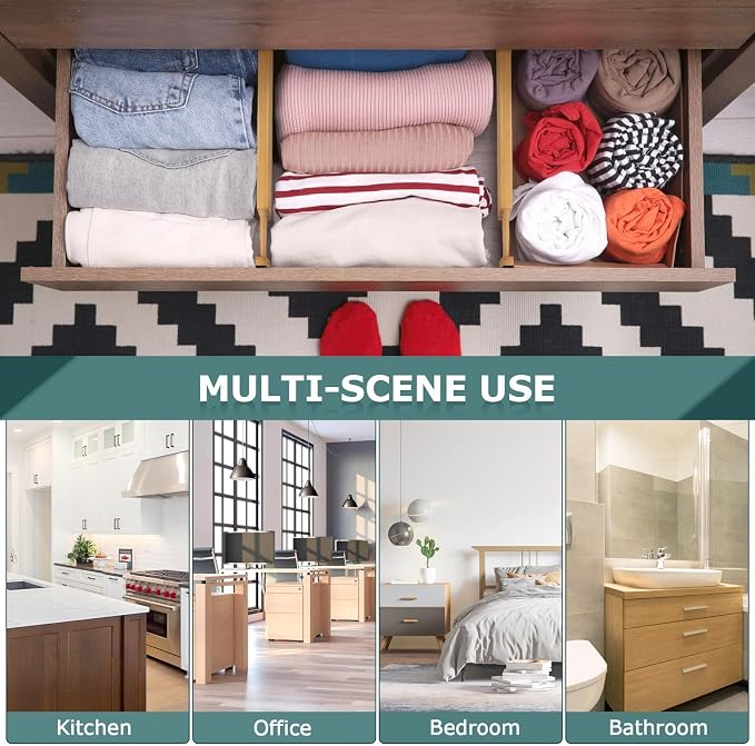 Lzerking Kitchen Drawer Dividers 4 Pack Adjustable Bamboo Drawer Organizer | 17-22" Adjustable, Spring Loaded, Expandable Utensil Organizer, Works in Kitchen, Dresser, Bathroom, Bedroom, Closet